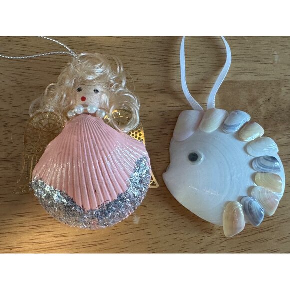 Angel & Fish Seashell Christmas Ornaments Set Beach Ocean Angel Art Sea - Picture 1 of 8